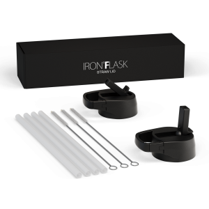 IRON FLASK Official Straw Lid Set for Narrow and Standard Mouth Water Bottles, 2-Pack Leakproof Replacement Caps with 4 Straws and 2 Cleaning Brushes, Midnight Black
